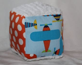 Small Ready, Set, Go Airplanes Chenille Fabric Block Rattle