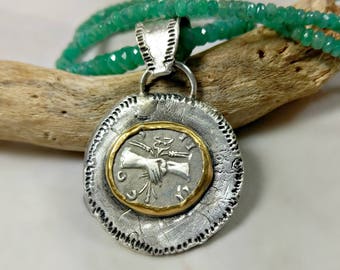Ancient Coin Pendant, Ancient Roman coin, solid 22 kt gold Emerald necklace , Ancient coin Jewelry, Peace necklace, Emerald strand