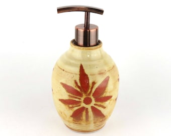 Lotion Dispenser - Soap Dispenser - 17 oz. Pottery Lotion Bottle - Yellow with Terracotta Sunburst Lotion Bottle