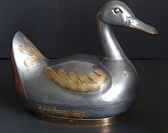 Large Pewter and Brass Duck Covered Bowl Covered Dish Pewter Brass Box Container