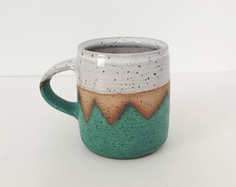 Teal Mountain Ceramic Mug, wheel thrown coffee mug, stoneware speckled pottery mug geometric mountain design teal pottery turquoise ceramic