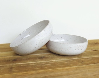 Glossy White, Rustic Speckled Stoneware Pottery Bowls - Set of 2