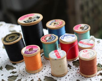 Lot of 10 Vintage Colorful Wooden Spools of Thread
