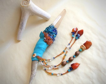 crystal wand INNER PEACE with antler Stand, Tibetan Quartz Chrysocolla Lapis Lazuli Carnelian Turquoise, Shaman tool, wicca pagan wand
