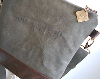 Military canvas & leather crossbody, iPad flat bag - eco vintage fabrics