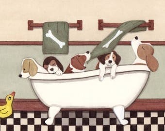 Beagles fill tub at bath time / Lynch signed folk art print