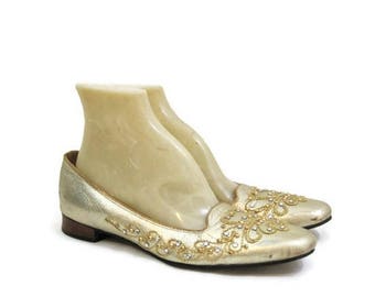 REDUCED 60s Shoes Vintage Gold Rhinestone Jeweled Ballet Flats Pumps 7.5 8