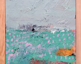 Mint Green Abstract Landscape, Original oil painting on wood with beveled edge