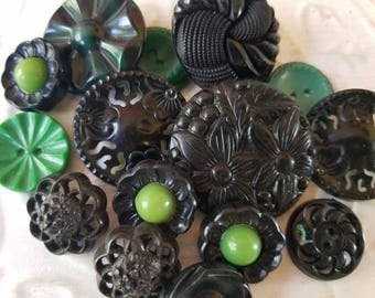 Vintage Buttons - Cottage chic fancy pierced mix of green, and black lot of 15 old and sweet( July415 17)