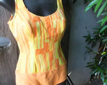 Vintage 70s ONE PIECE Swimsuit or Bathing Suit, Orange and Yellow, Swimsuit bust 36