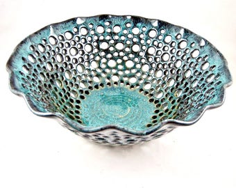 Pottery fruit bowl , Ceramic fruit bowl , modern home decor in Sea foam blue, Sea foam green ceramic art piece - In stock 108 FB A