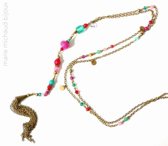 Long boho necklace, Hippie chic necklace, Tassel necklace, Hippie chic jewelry, Pink and Turquoise jewelry,Summer necklace, Boho jewelry,