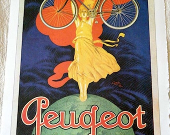 Vintage Bicycle Poster 1922 Peugeot Bicycles Woman Holding Bike Up Poster Size Book Plate
