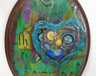 Fly Dance Play Mixed Media Folk Art Collage Owl Birds Blue Brown Recycled Reclaimed