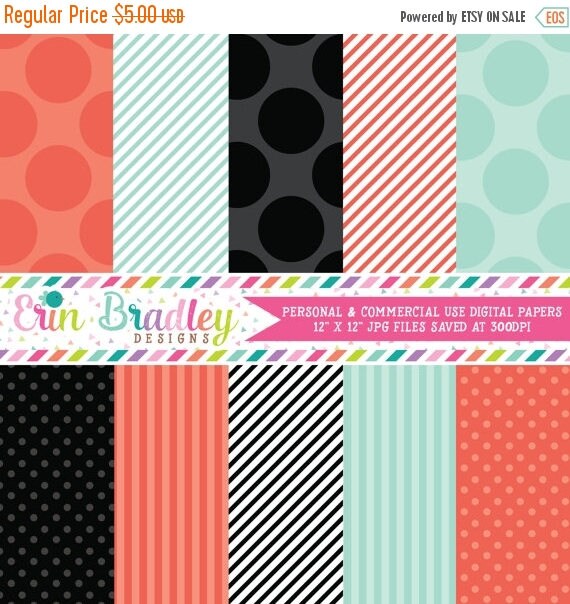 50% OFF SALE Digital Paper Pack Personal and Commercial Use Orange Blue and Black Polka Dots and Stripes Il_570xn