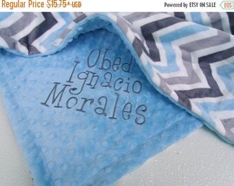 SALE Gray and Blue Minky Chevron Baby Blanket with Baby Blue Dot Minky Back Can Be Personalized