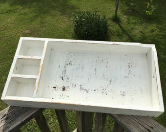 Vintage Farmhouse Wood Wall Shelf, Divided Wooden Drawer, Reclaimed White Chippy Display Box, Wood Box, Salvaged Kitchen Decor