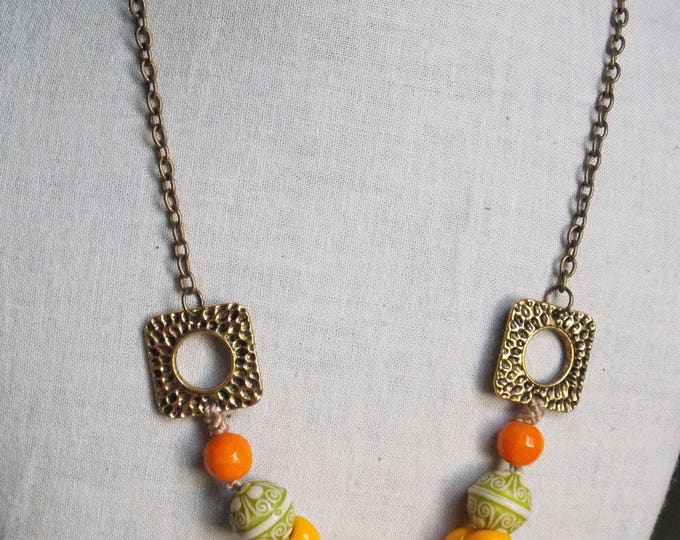Yellow Beaded Choker Necklace Boho Summer Czech Glass Beaded Necklace Vintage Green Orange Hand Knotted Brass Beaded Colorful Jewelry