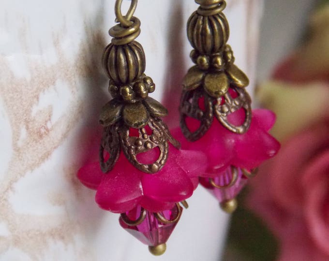 Flowers Earrings Raspberry Pink Swarovski Crystals Brass Earrings Minimalist Dainty Dangle Petite Jewelry Fuchsia Pink Drop Earrings GIft