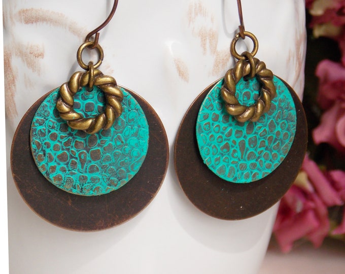 Verdigris Patina Brass Earrings- Green Blue Dangle Drop Bohemian Earrings -Metal Earrings-Boho Earrings-Rustic Woodland Earrings