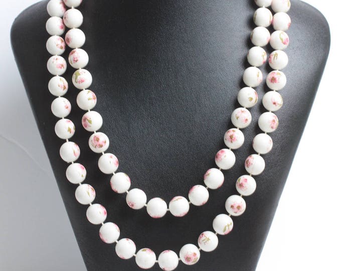 Pink Flowers White Beads Necklace Extra Long 42 Inches Flapper Length Vintage