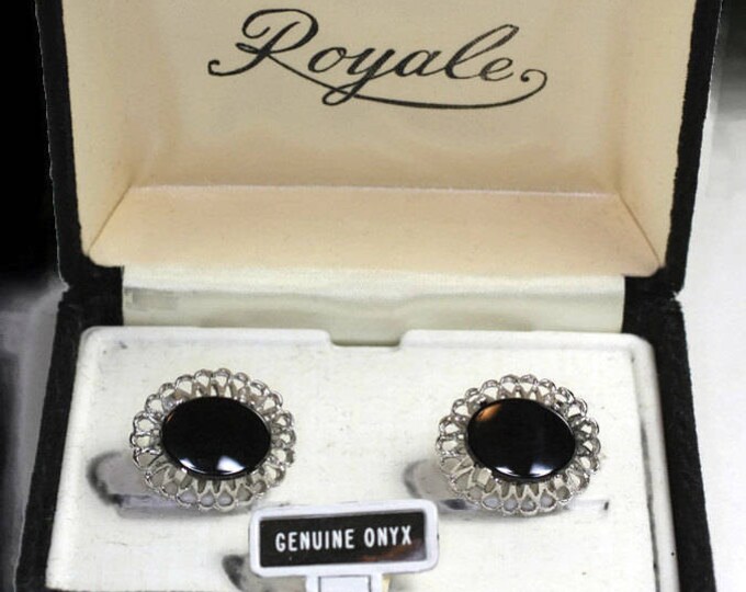 Black Onyx Cuff Links Dante Original Box Vintage Cufflinks Wedding Formal Gift for Him