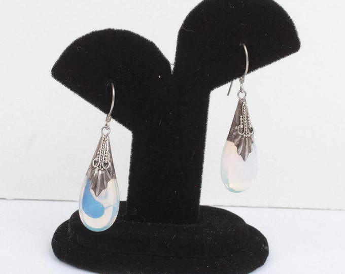 Opaline Glass Dangle Earrings Sterling Overlay Pierced Ears Faux Opal Faux Moonstone