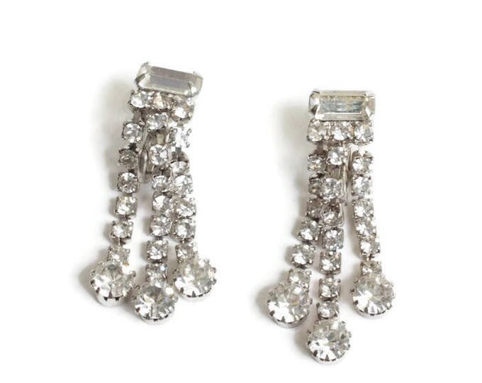 Clear Rhinestone Crystal Dangle Earrings Three Strands Baguettes Chatons Vintage