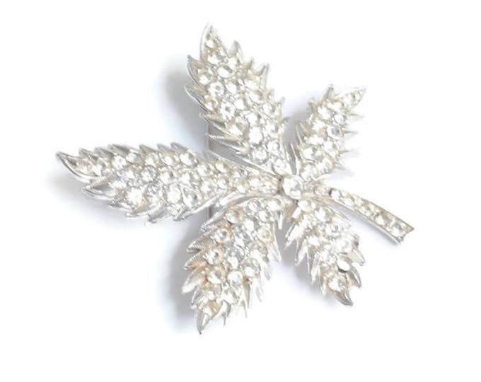 Clear Crystal Rhinestone Leaf Shaped Brooch Unsigned ORA Vintage