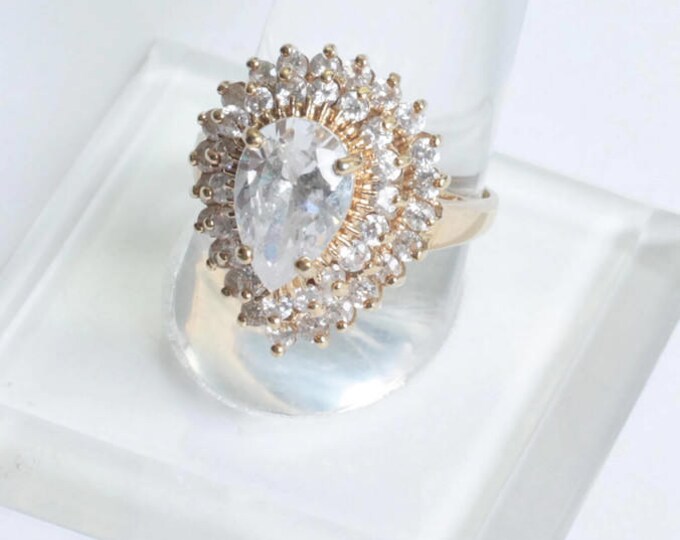 Gold Plated CZ Ring HGE Statement Cocktail Dinner Ring Signed LIND