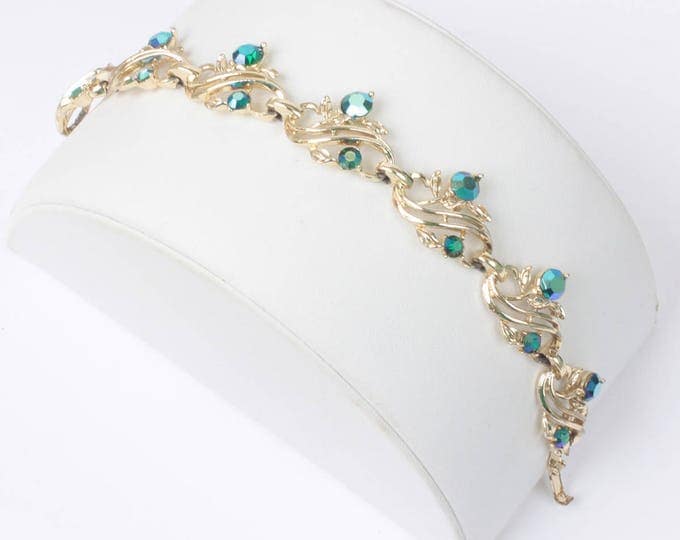 Vintage Green Aurora Borealis Rhinestone Bracelet Swirled Design Bracelet Gold Tone Metal