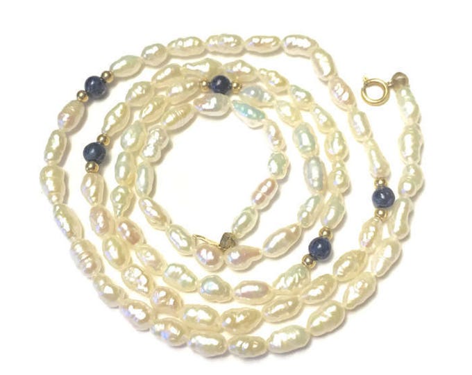 Freshwater Rice Pearl Necklace Lapis and Gold Beads 14K Clasp Vintage