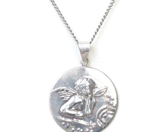 Sterling Cherub Cupid Angel Pendant Necklace Silver Tone Chain Vintage