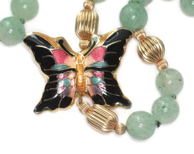 Green Aventurine Bead Necklace Cloisonne Butterfly Focal Gold Tone Beads Hand Knotted Vintage