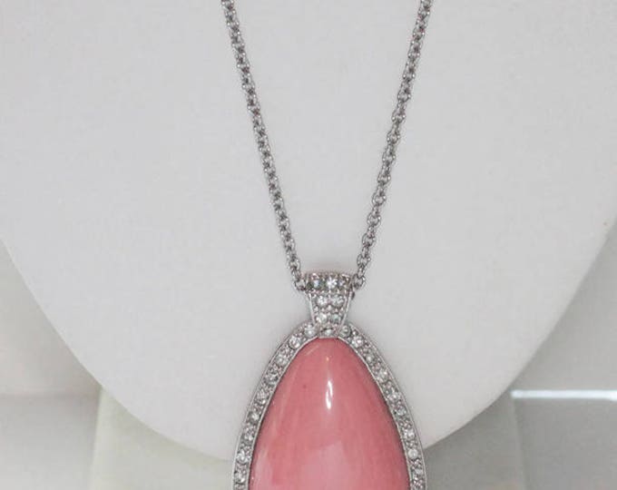 Avon Pale Fire Pendant Necklace Faux Coral Rhinestones Silver Tone 1974