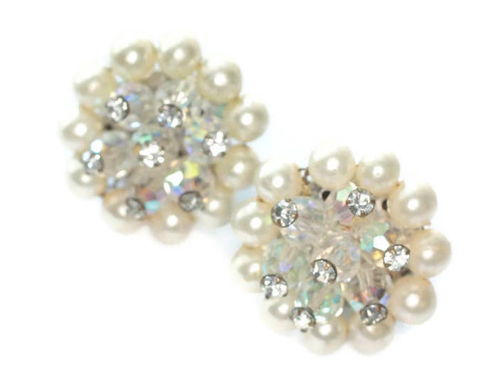 Faux Pearl and AB Bead Cluster Earrings Rhinestone Accents Clip On Style Vintage