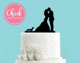Couple Kissing with Dachshund Dog Acrylic Wedding Cake Topper