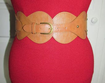 Vintage Brown Tan Elastic Stretch Very Wide Faux Leather Buckle Belt M/L