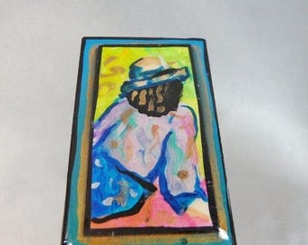 SALE Vintage Abstract Art Brooch Portrait Pinks, Blues, Greens. Gilt. Aqua.
