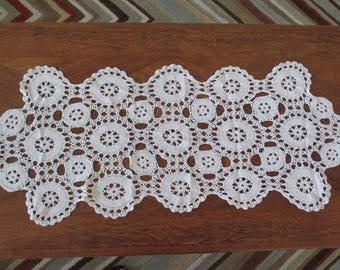 Vintage Crochet Table Runner White Lace Cotton