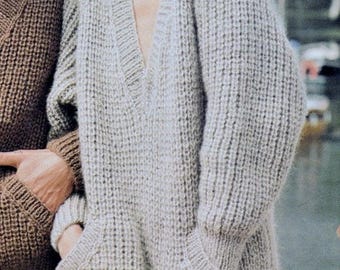 Instant Download PDF Vintage Row by Row Knitting Pattern to make Ladies Oversized Chunky Long Sleeve V Neck Sweater with Pockets Bust 34-42