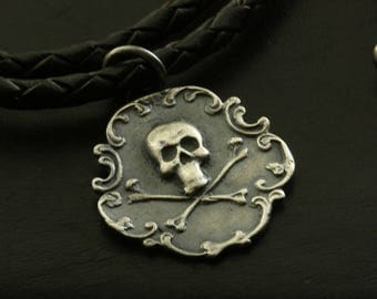 Silver Skull and Crossbones Necklace, Sterling Silver Antique Reproduction, Momento Mori, Steampunk Skull Choker Necklace, Art Nouveau