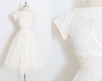 Vintage 50s Dress | 1950s ivory chiffon swiss dot dress | wedding dress | xs/s | 5944