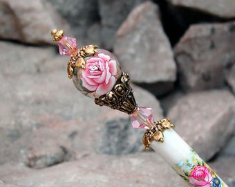 Pink Rose Floral Japanese Tensha Hair Stick Swarovski Flower Geisha Hair Sticks Hairsticks Kanzashi Hair Pins Hair Chopsticks Genevieve 2986