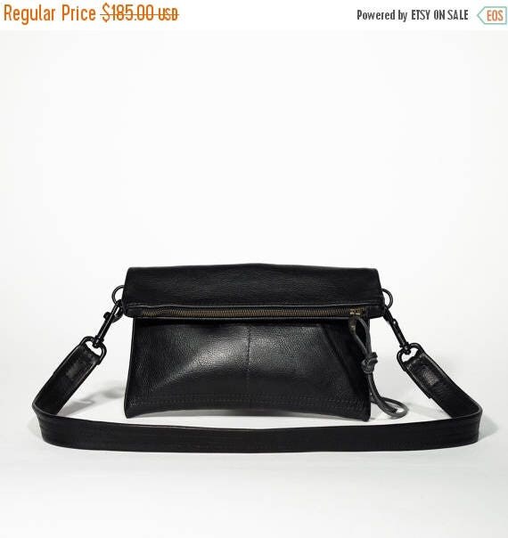 summer sale Supple Black Leather Fold over Clutch Small