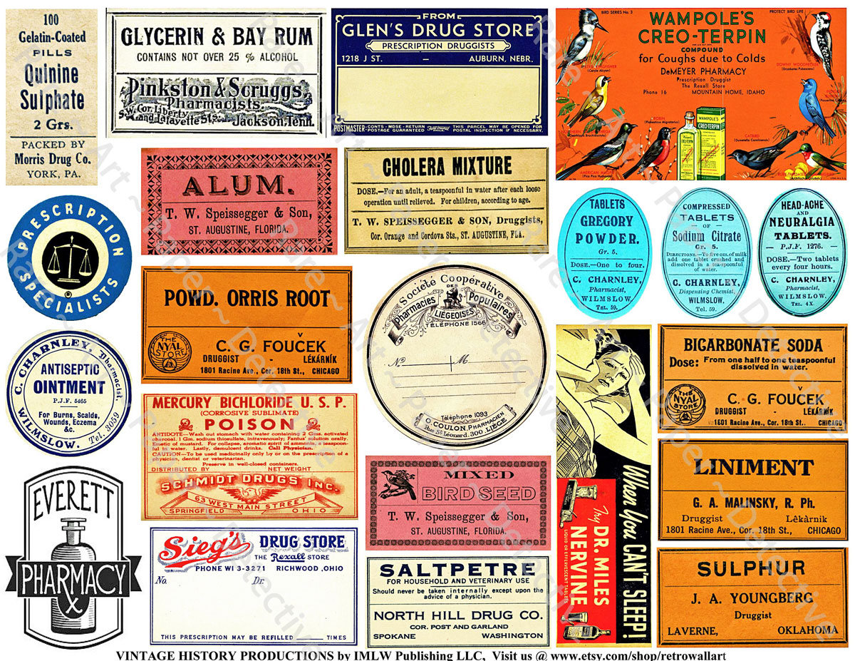 Antique Drug Store Labels, Vintage Pharmacy, Apothecary Labels, Old