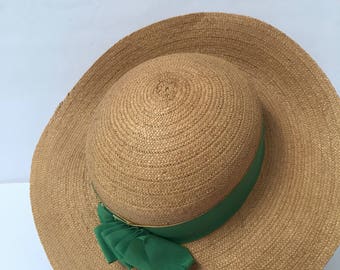 1930s Straw Boater Hat Green Ribbon Antique Millinery