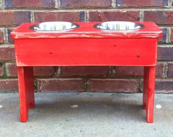 Elevated dog bowl stand shabby distresed style -12 inches Tall - Two 2 Quart Bowls