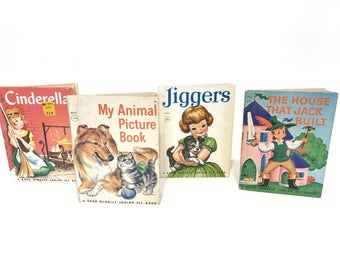 Vintage Children's Junior Elf Books, Cinderella Book, Animal Picture Book, Jiggers Book, House That Jack Built, Rand McNally, 4 Kids Books