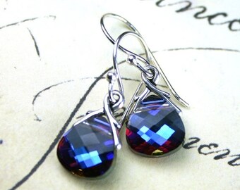 ON SALE Briolette Crystal Earrings in Heliotrope- Purple and Blue - Swarovski Crystal and Sterling Silver